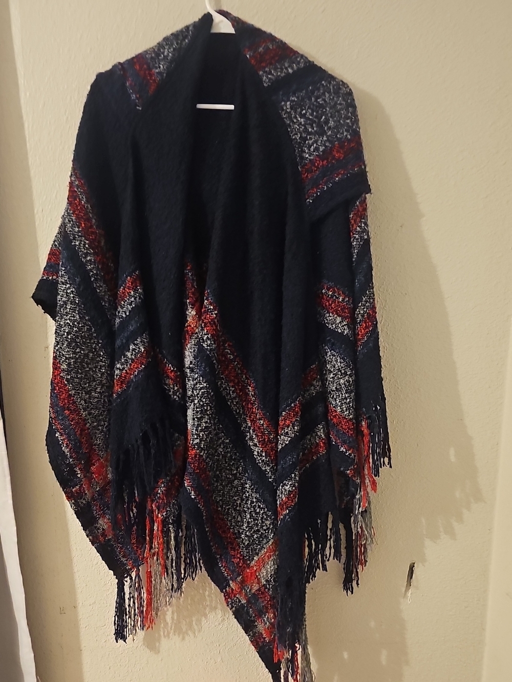 Cozy Hooded Blue & Red Plaid Fringe Throw Shawl